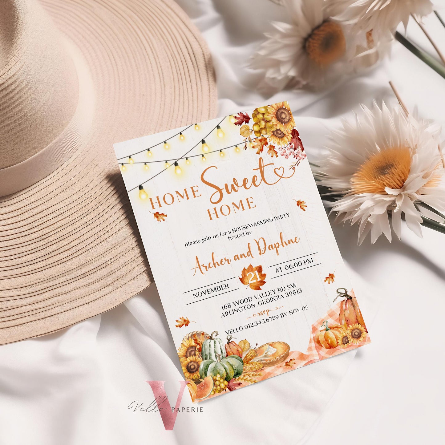 FALL Pumpkin Home Sweet Home Party Invite | Autumn Floral House Warming Invitation | Modern Boho Rustic New House Thanksgiving Celebration