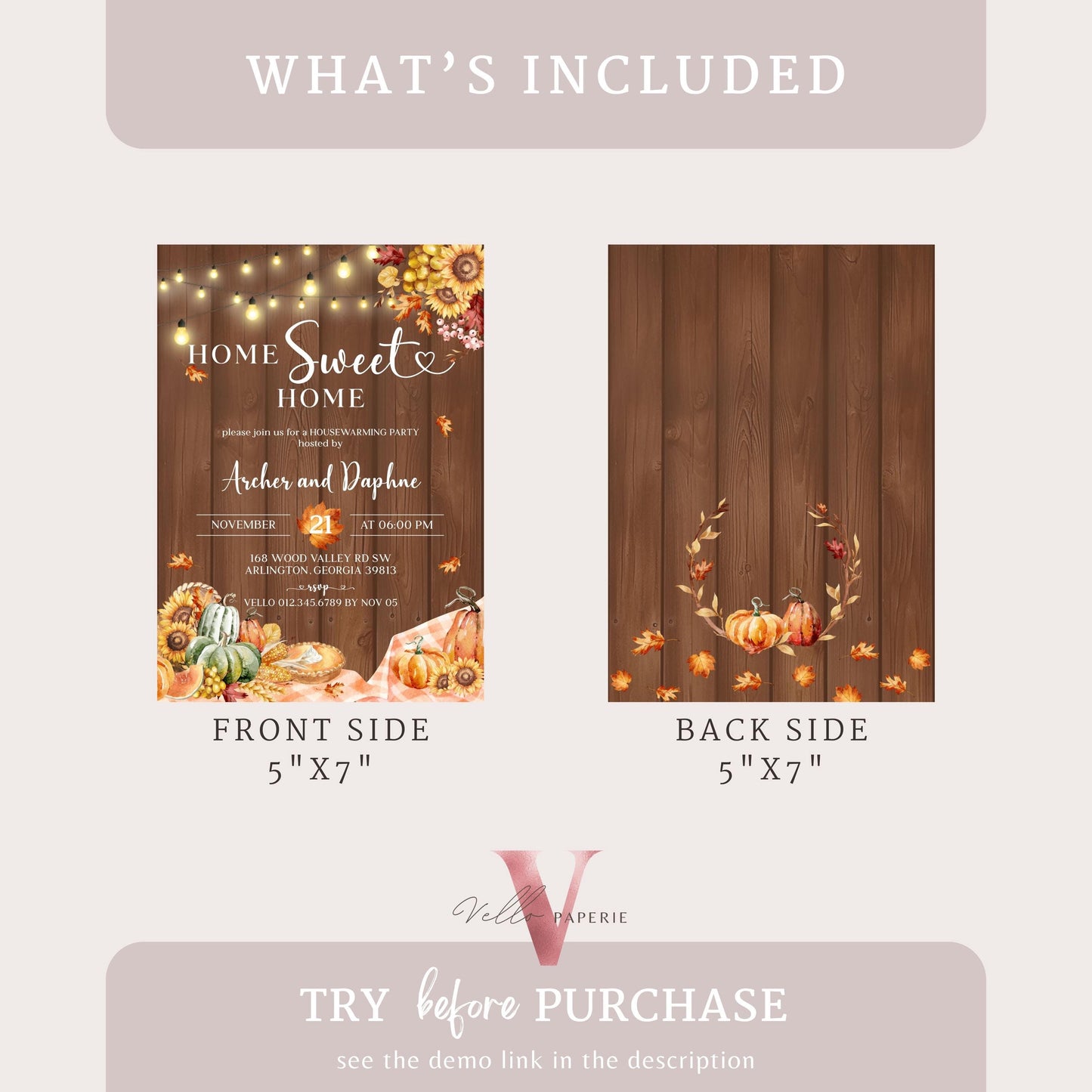 FALL Pumpkin Home Sweet Home Party Invite | Autumn Floral House Warming Invitation | Modern Wooden Rustic New House Thanksgiving Celebration