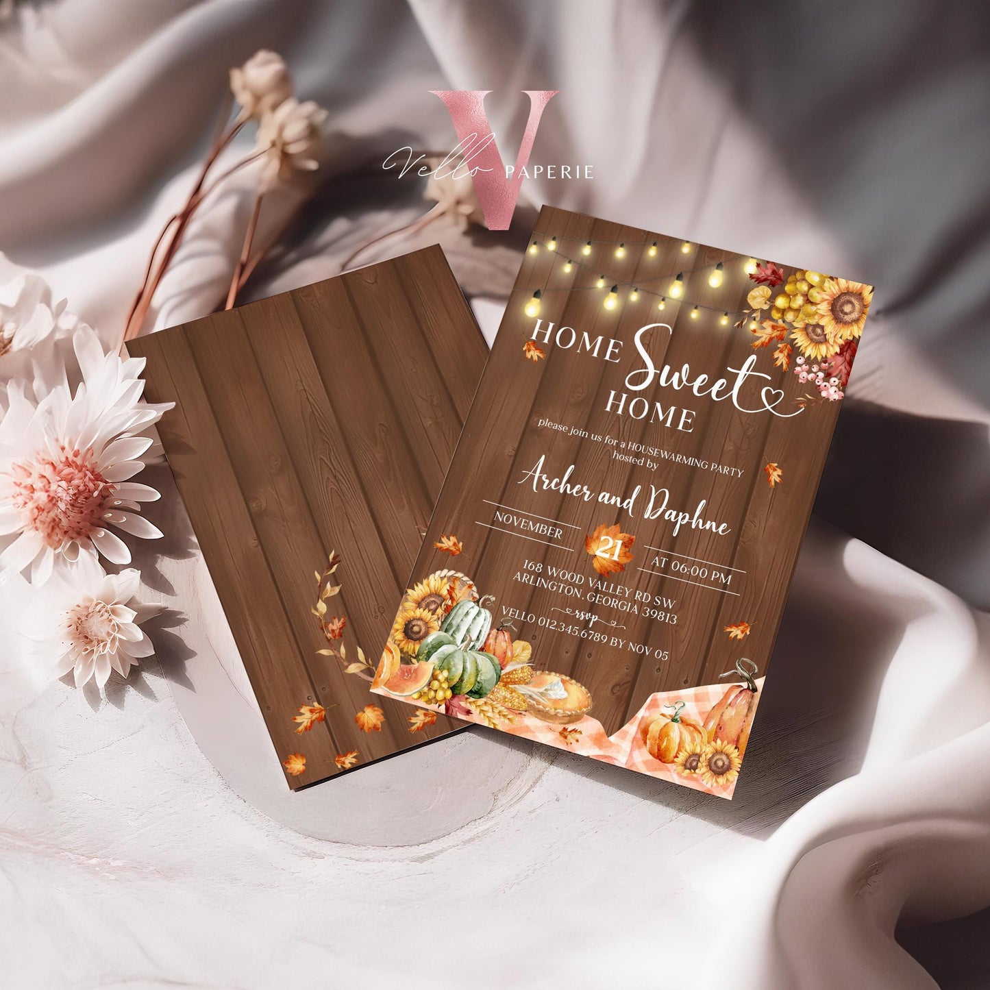 FALL Pumpkin Home Sweet Home Party Invite | Autumn Floral House Warming Invitation | Modern Wooden Rustic New House Thanksgiving Celebration