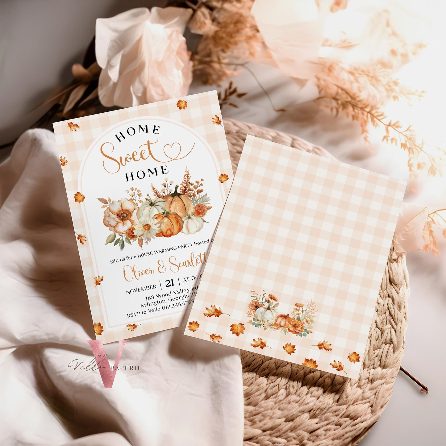 Neutral FALL Pumpkin Home Sweet Home Party Invite | Autumn Floral House Warming Invitation | Modern Boho Rustic New House Celebration Flower