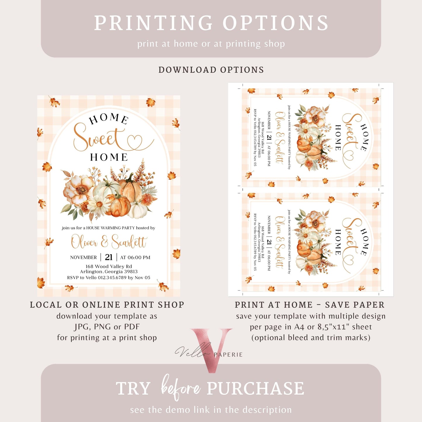Neutral FALL Pumpkin Home Sweet Home Party Invite | Autumn Floral House Warming Invitation | Modern Boho Rustic New House Celebration Flower