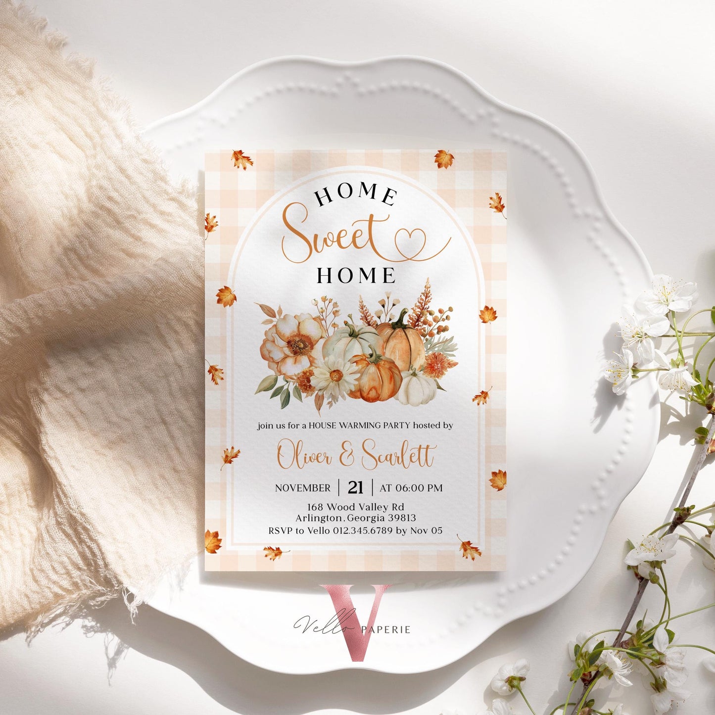 Neutral FALL Pumpkin Home Sweet Home Party Invite | Autumn Floral House Warming Invitation | Modern Boho Rustic New House Celebration Flower