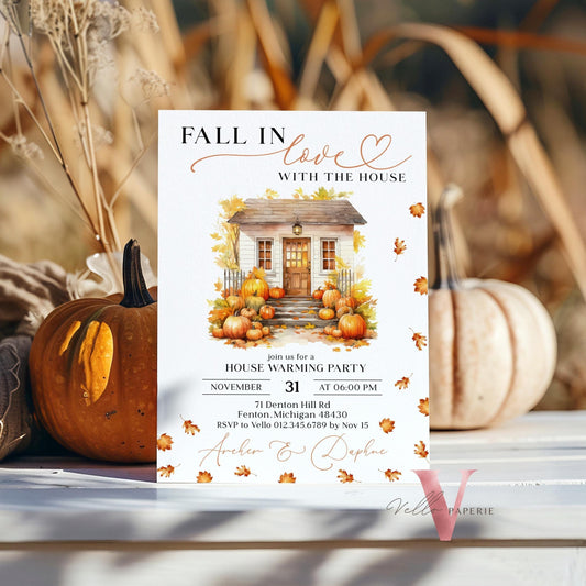 FALL in Love House Warming Invitation | Autumn Boho Pumpkin Home Sweet Home Party Invite | Modern Rustic New House Celebration Fall Leaves