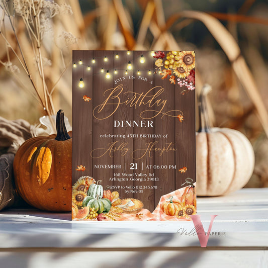 Editable Modern Rustic FALL Birthday Dinner Brunch Invitation | Autumn Floral Pumpkin Birth Party Invite | Western Wooden Terracota Flower