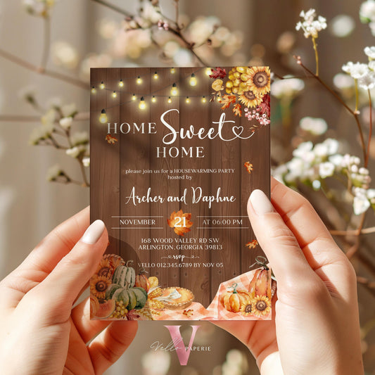 FALL Pumpkin Home Sweet Home Party Invite | Autumn Floral House Warming Invitation | Modern Wooden Rustic New House Thanksgiving Celebration
