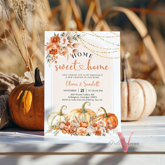 Neutral FALL Pumpkin Home Sweet Home Party Invite | Autumn Floral House Warming Invitation | Modern Boho Rustic New House Celebration Flower