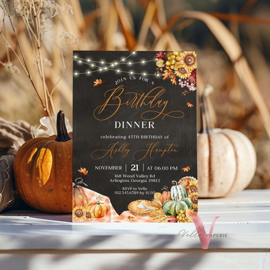 Editable FALL Birthday Dinner Brunch Invitation | Autumn Floral Pumpkin Party Invite | Neutral Blackboard Terracota Thanksgiving Birthday