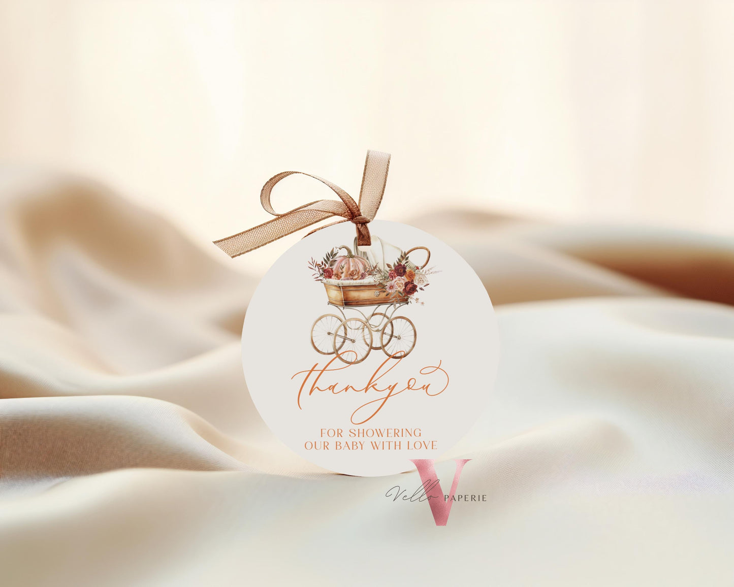Pumpkin FALL in Love Baby Shower Favor Tag | Editable Autumn Floral Pumpkin Thankyou Card | Flower Pumpkin Stroller Carriage Gift Tag, FPB02
