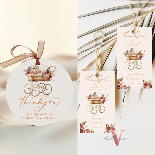 Pumpkin FALL in Love Baby Shower Favor Tag | Editable Autumn Floral Pumpkin Thankyou Card | Flower Pumpkin Stroller Carriage Gift Tag, FPB02