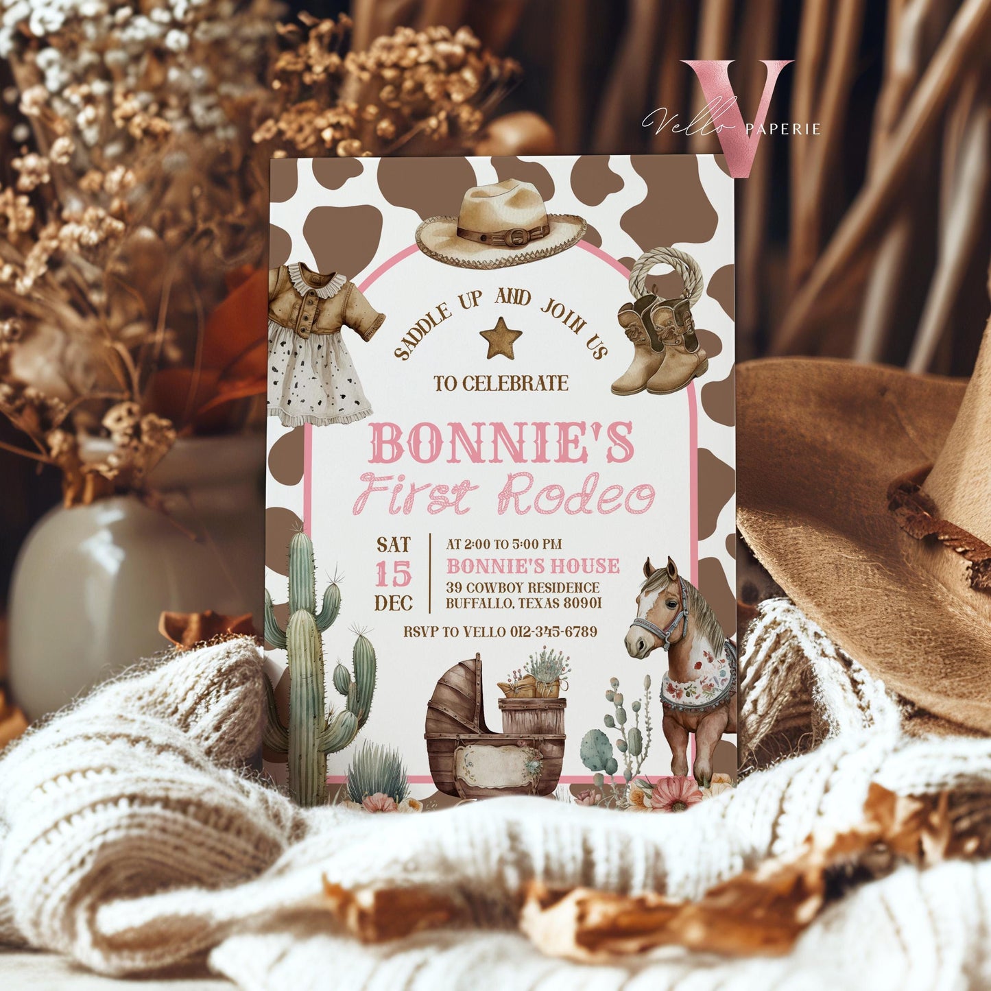 Editable "Age Rodeo" Yee Haw COWGIRL Birthday Invitation | Brown Pink ANY AGE Rodeo Cowgirl Party Invite | Girl Western Nashville Birthday