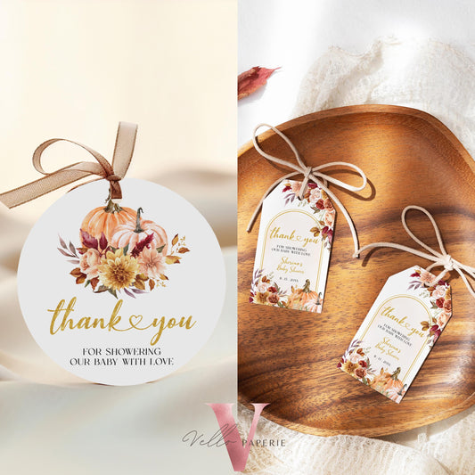 Editable FALL Little Pumpkin is on the way Baby Shower Favor Tag | Autumn Floral Pumpkin Thankyou Card | Flower Pumpkin Baby Round Tag FPB01