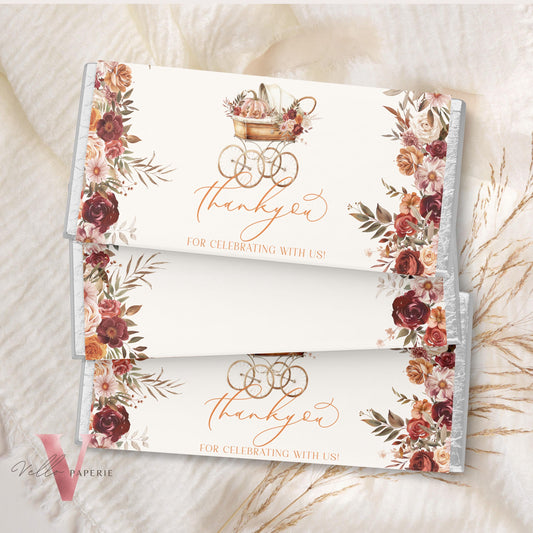 Editable Pumpkin FALL in Love Baby Shower Chocolate Wrapper | Autumn Floral Pumpkin Food Label | Flower Pumpkin Stroller Carriage FPB02