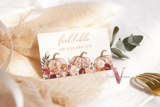 Editable Pumpkin FALL in Love Baby, Bridal Shower, Birthday Food Label | Autumn Floral Pumpkin Name Label | Flower Pumpkin Table Decor FPB02