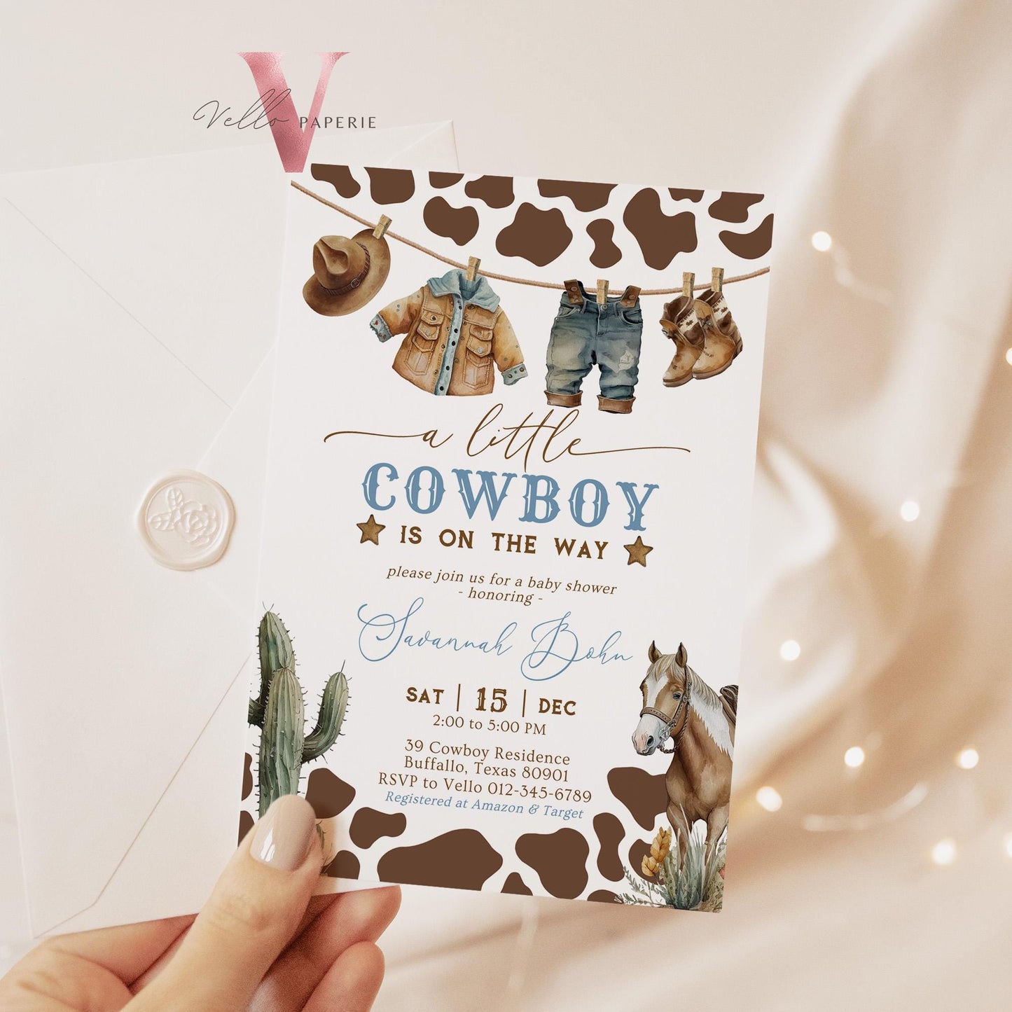Editable Cowboy Baby Shower Invitation | Wild West Baby Shower Invite | Western Country Rodeo Baby Boy, Cow Print Boot Cactus Horse CBB01