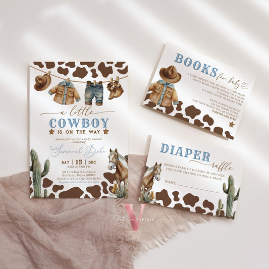 Editable Cowboy Baby Shower Invitation | Wild West Baby Shower Invite | Western Country Rodeo Baby Boy, Cow Print Boot Cactus Horse CBB01