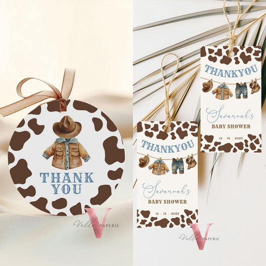 Cowboy Baby Shower or Birthday Round & Favor Tag | Wild West Little Cowboy Thankyou Card | Western Country Rodeo Baby Boy Gift Tag CBB01