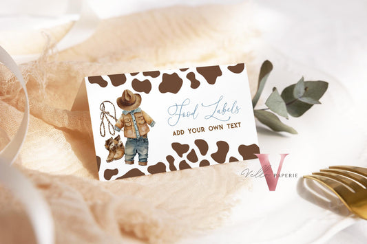 Editable Cowboy Baby Shower or Birthday Food Label | Wild West Little Cowboy Name Label | Western Country Rodeo Boy Party Table Decor CBB01