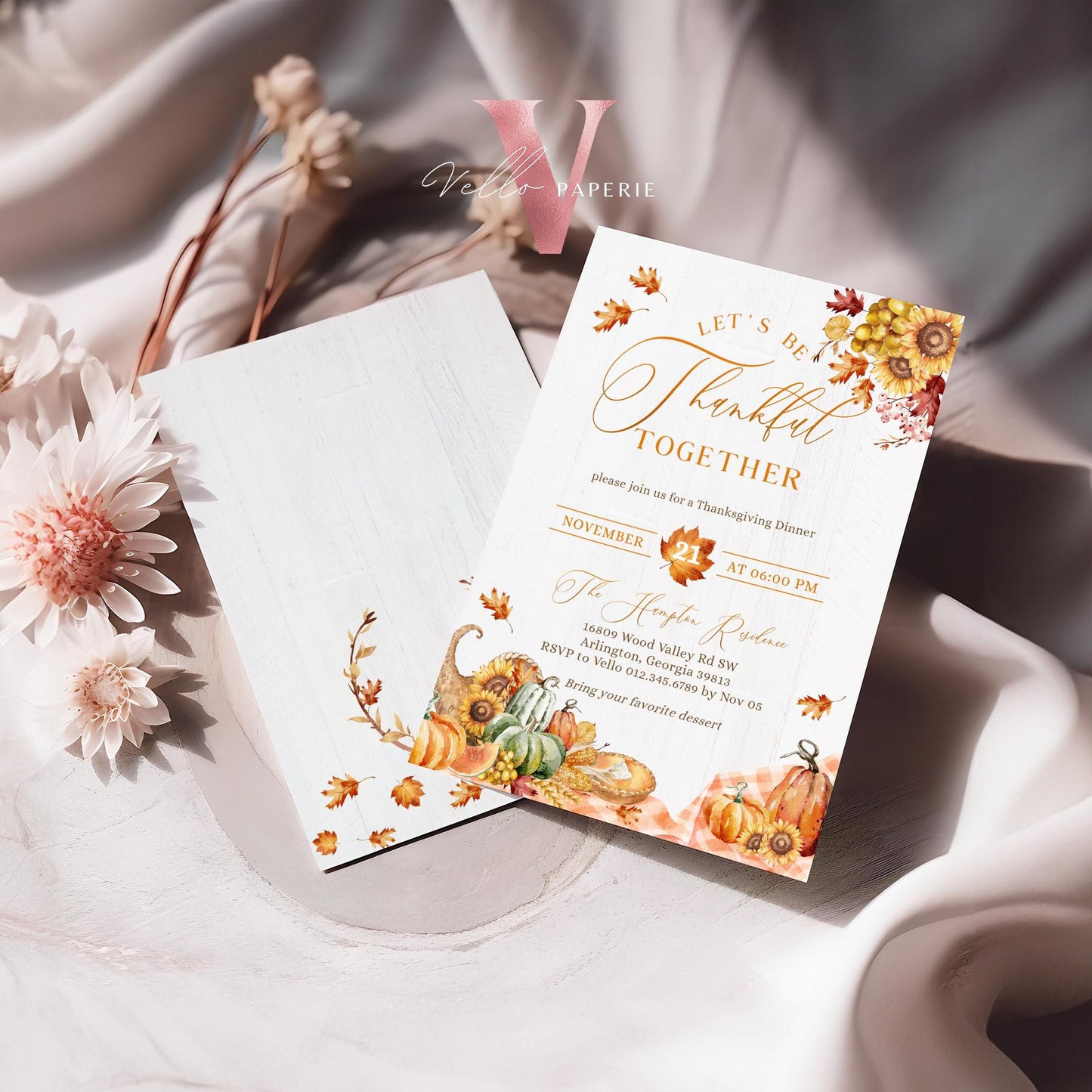 Lets Thankful Together Autumn Thanksgiving Invitation | FALL Friendsgiving Invite | Potluck Modern Rustic Pumpkin Casual Thanksgiving Dinner