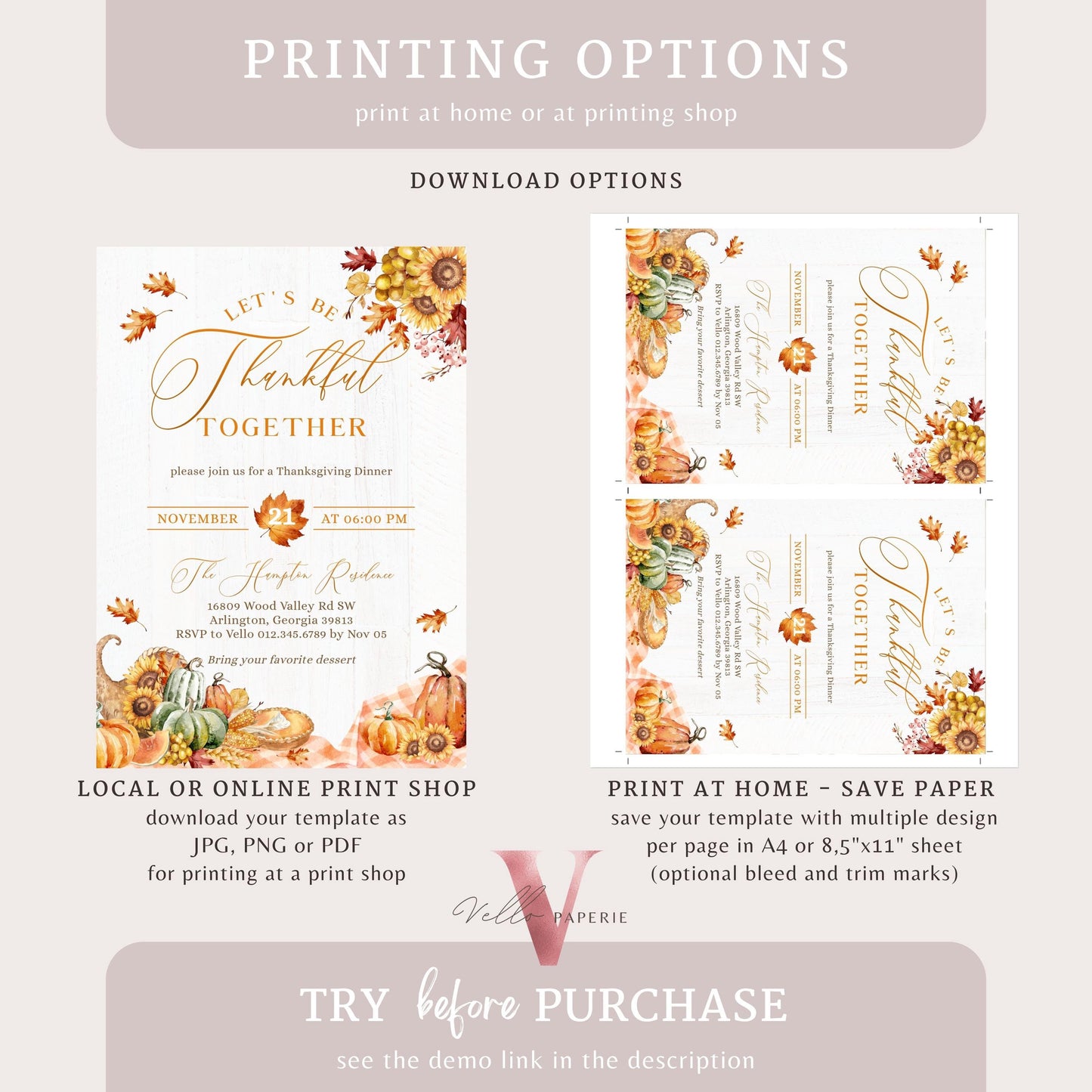Lets Thankful Together Autumn Thanksgiving Invitation | FALL Friendsgiving Invite | Potluck Modern Rustic Pumpkin Casual Thanksgiving Dinner