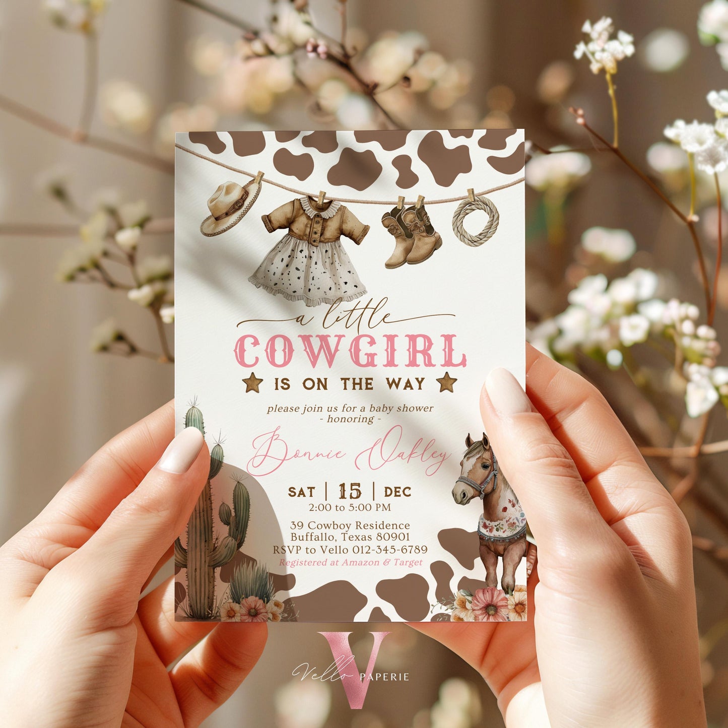 Editable Cowgirl Baby Shower Invitation Set | Wild West Baby Shower Invite | Pink Western Country Rodeo Baby Girl Cow Boot Cactus Horse