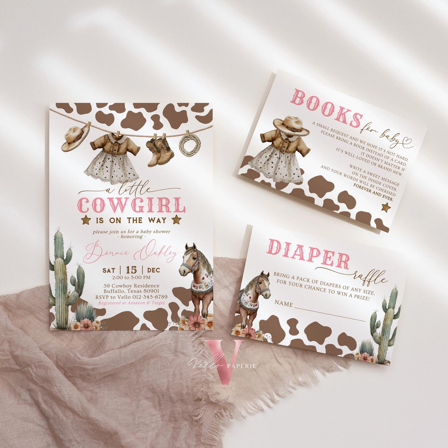 Editable Cowgirl Baby Shower Invitation Set | Wild West Baby Shower Invite | Pink Western Country Rodeo Baby Girl Cow Boot Cactus Horse