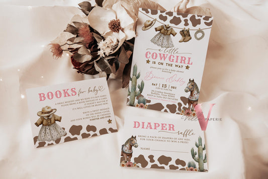 Editable Cowgirl Baby Shower Invitation Set | Wild West Baby Shower Invite | Pink Western Country Rodeo Baby Girl Cow Boot Cactus Horse
