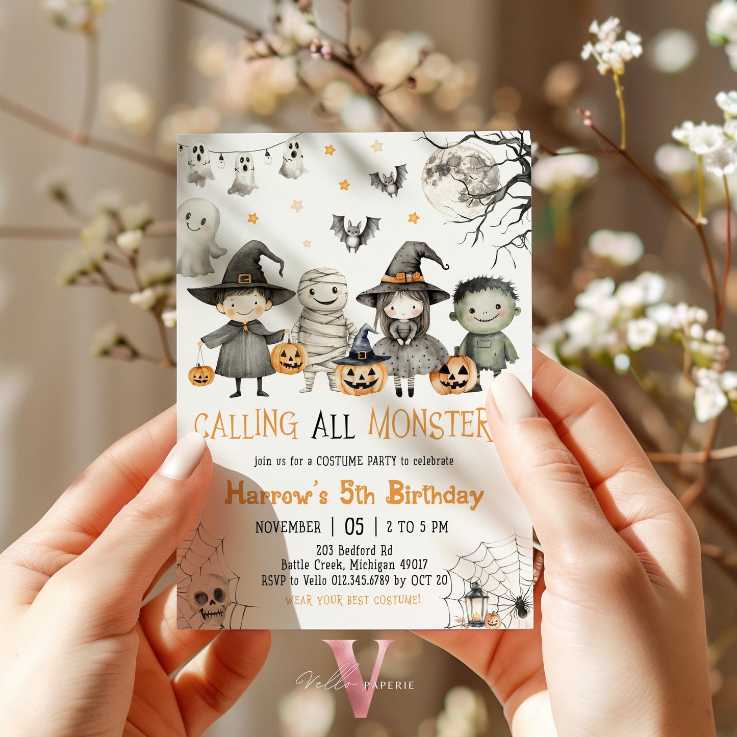 Editable Spooky Monster Halloween Kid Birthday Invitation | Neutral Cute Halloween Ghost Invite | ANY AGE Spooktacular Costume Party