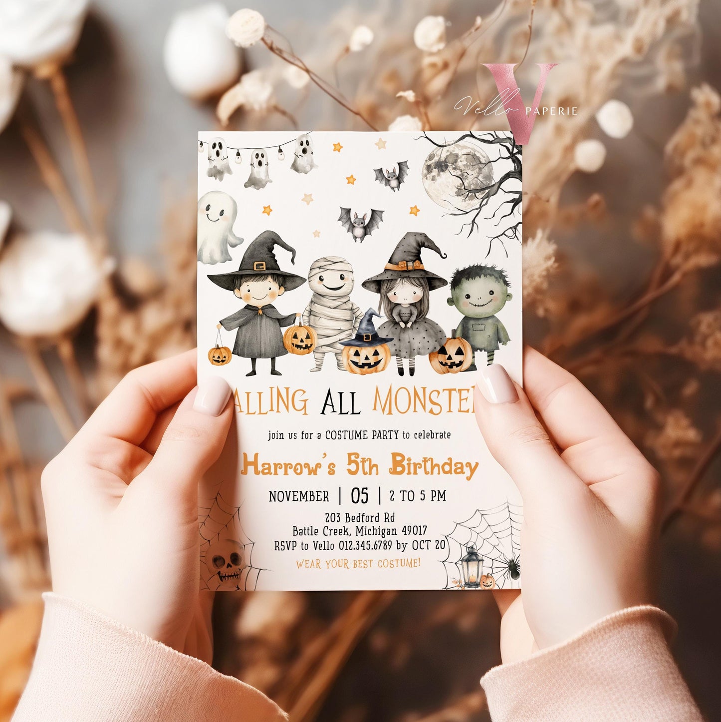 Editable Spooky Monster Halloween Kid Birthday Invitation | Neutral Cute Halloween Ghost Invite | ANY AGE Spooktacular Costume Party