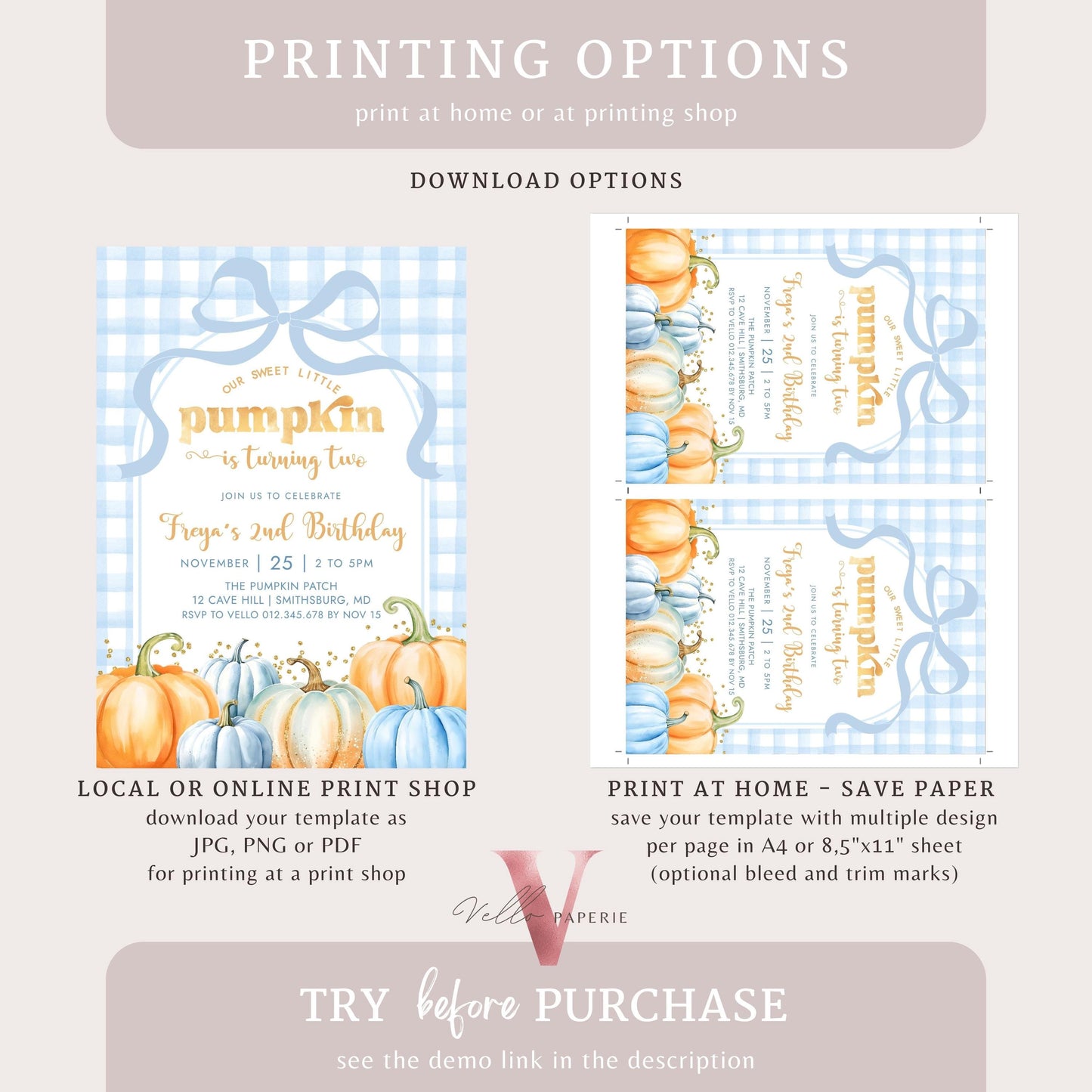 Little Pumpkin ANY AGE Fall Birthday Party Invitation | Autumn Pumpkin Patch Birthday Invite |Modern Blue Orange Gold Little Pumpkin Gingham