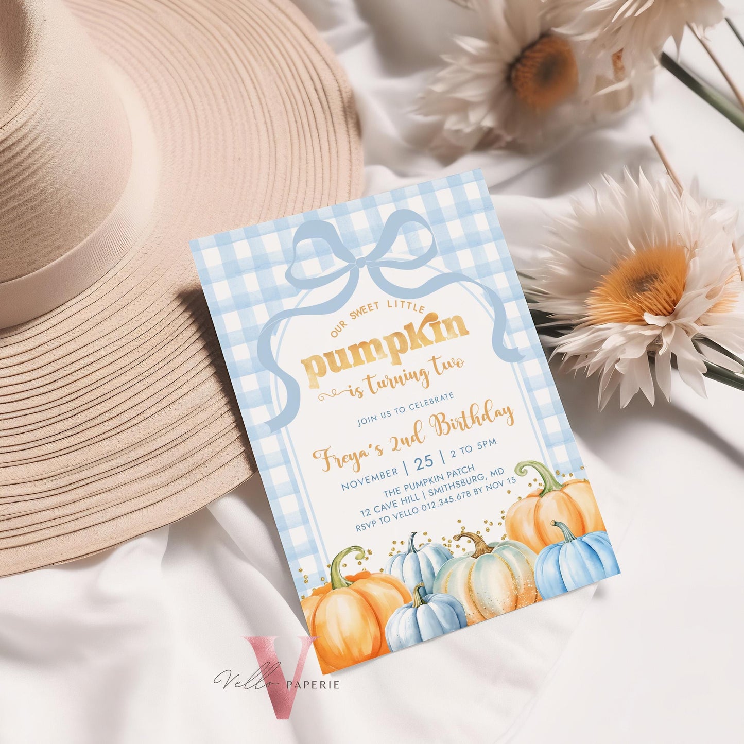 Little Pumpkin ANY AGE Fall Birthday Party Invitation | Autumn Pumpkin Patch Birthday Invite |Modern Blue Orange Gold Little Pumpkin Gingham