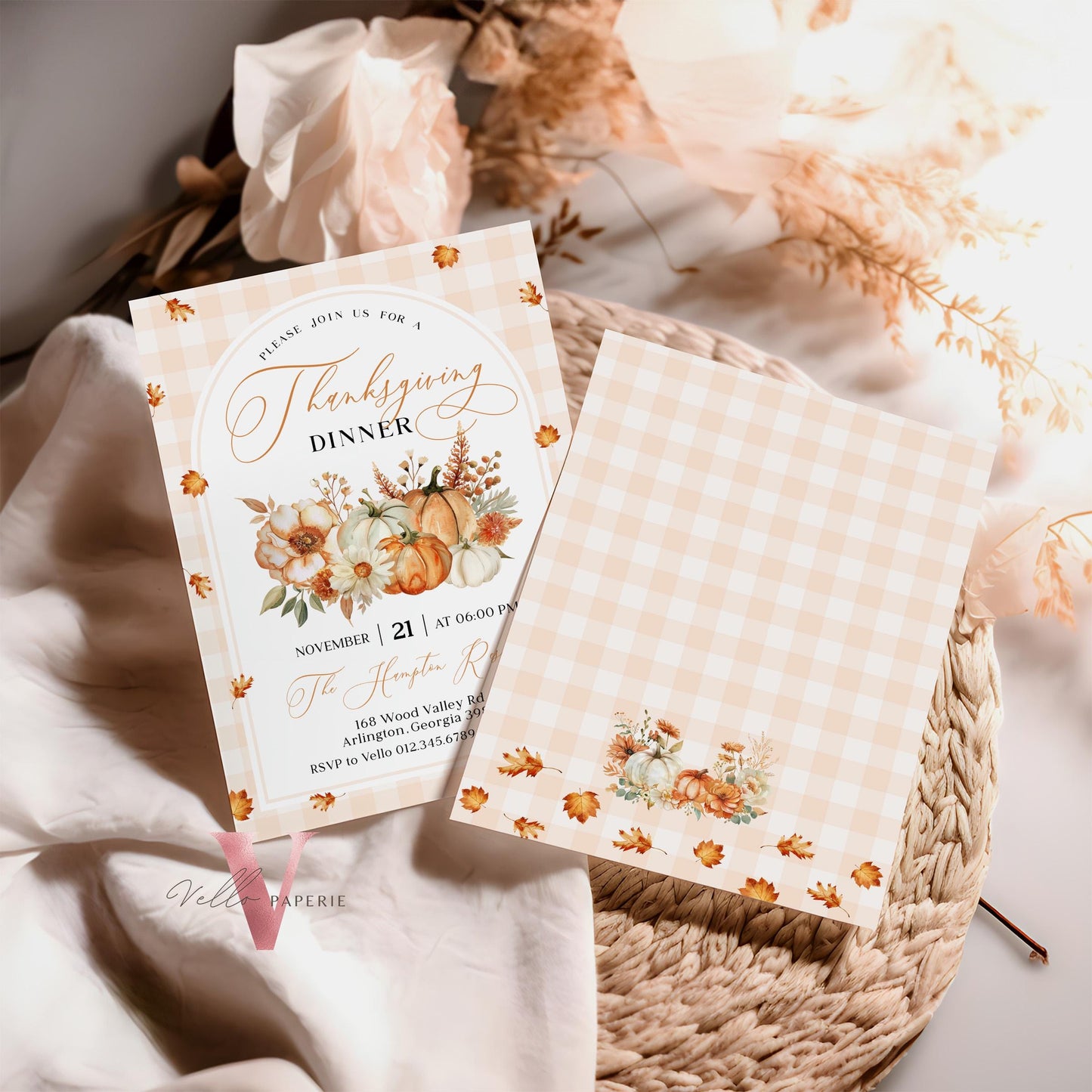 Autumn Thanksgiving DINNER Invitation | FALL Lets Thankful Together Friendsgiving Invite | Potluck Modern Rustic PUMPKIN Casual Thanksgiving
