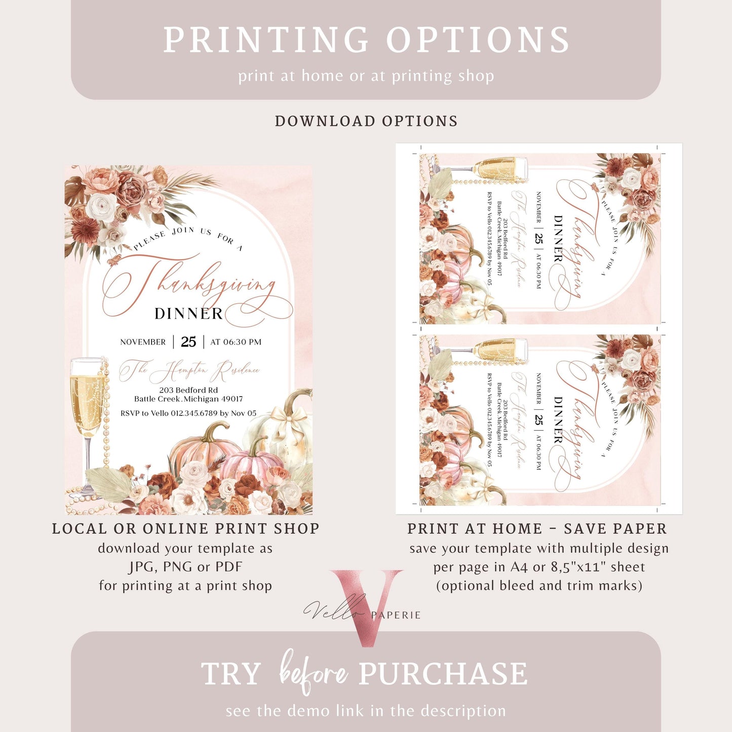 BOHO Autumn Thanksgiving DINNER Invitation | FALL Lets Thankful Together Friendsgiving Invite | Blush Pink Modern Boho Pumpkin Thanksgiving