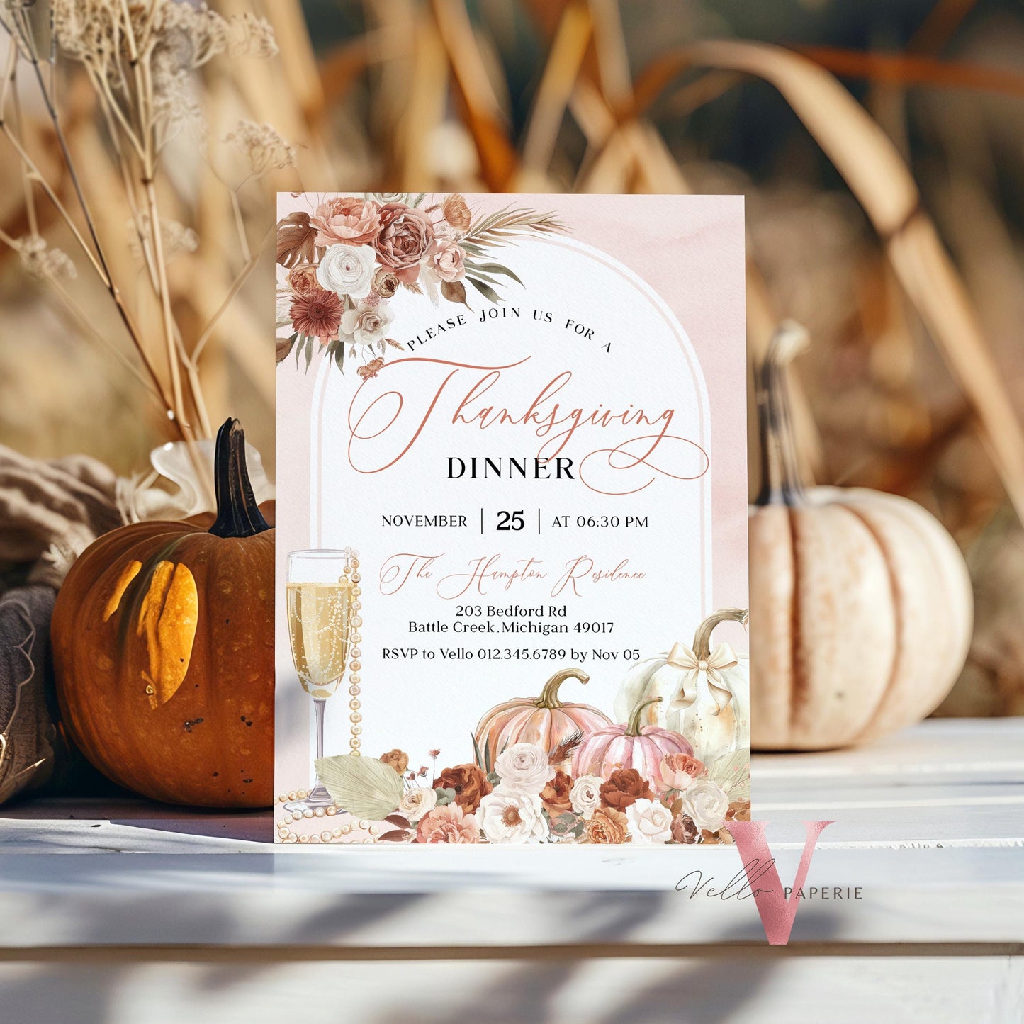 BOHO Autumn Thanksgiving DINNER Invitation | FALL Lets Thankful Together Friendsgiving Invite | Blush Pink Modern Boho Pumpkin Thanksgiving