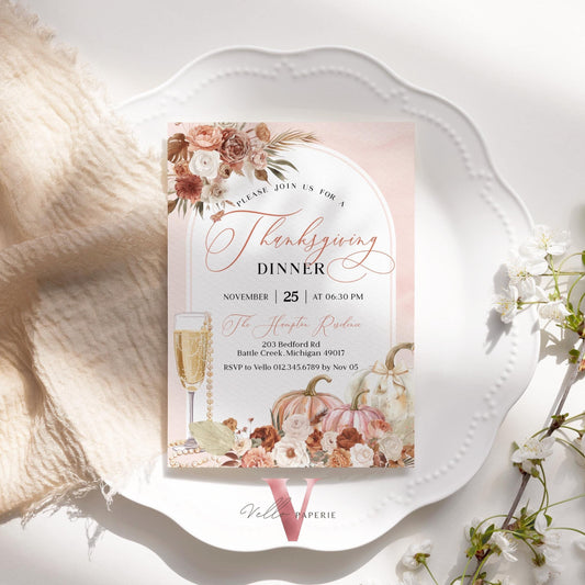 BOHO Autumn Thanksgiving DINNER Invitation | FALL Lets Thankful Together Friendsgiving Invite | Blush Pink Modern Boho Pumpkin Thanksgiving
