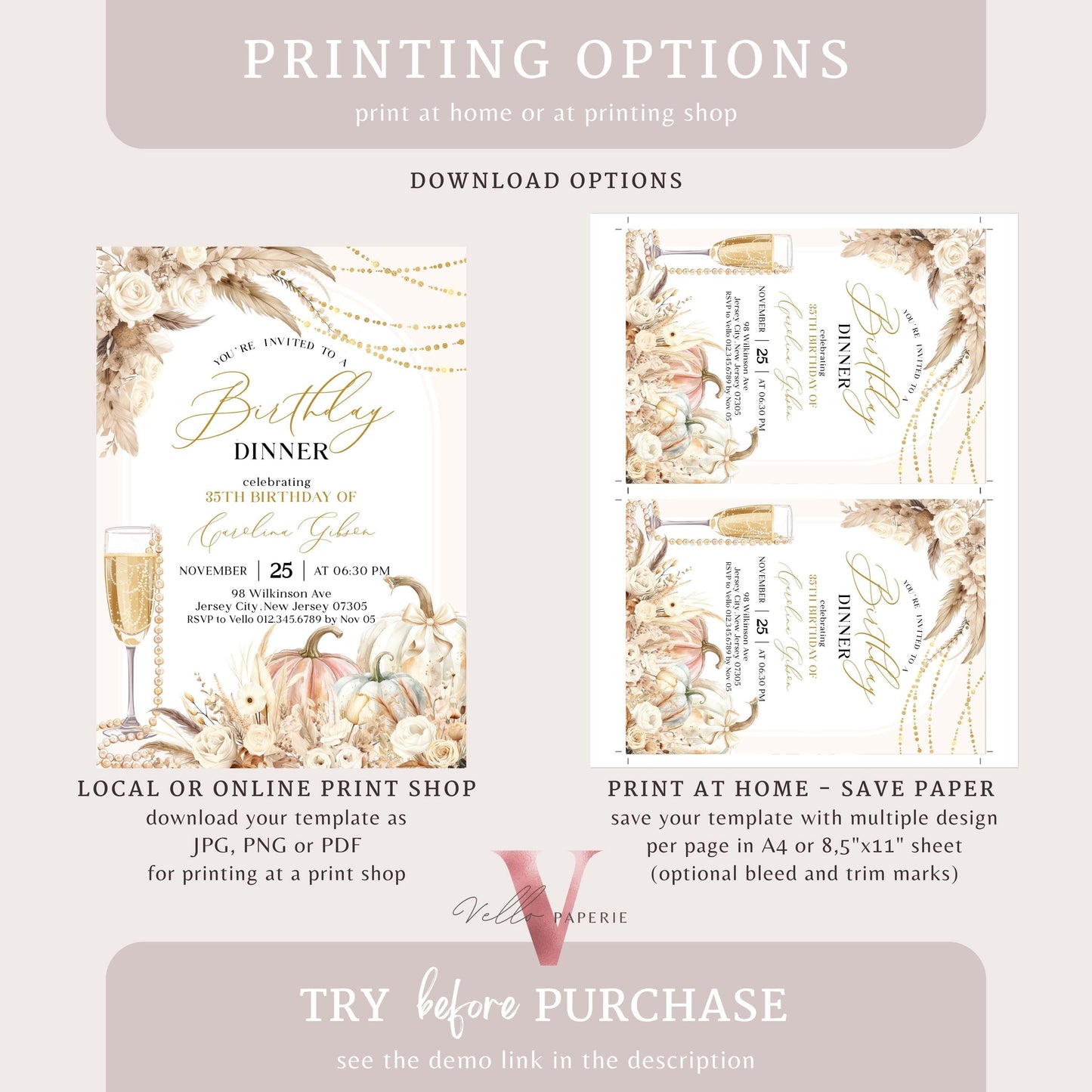 BOHO Pumpkin Modern Birthday Party Invitation | Autumn Pumpkin & Prosesco Floral Birthday Invite | Fall Bohemian Beige Pampas Grass Golden