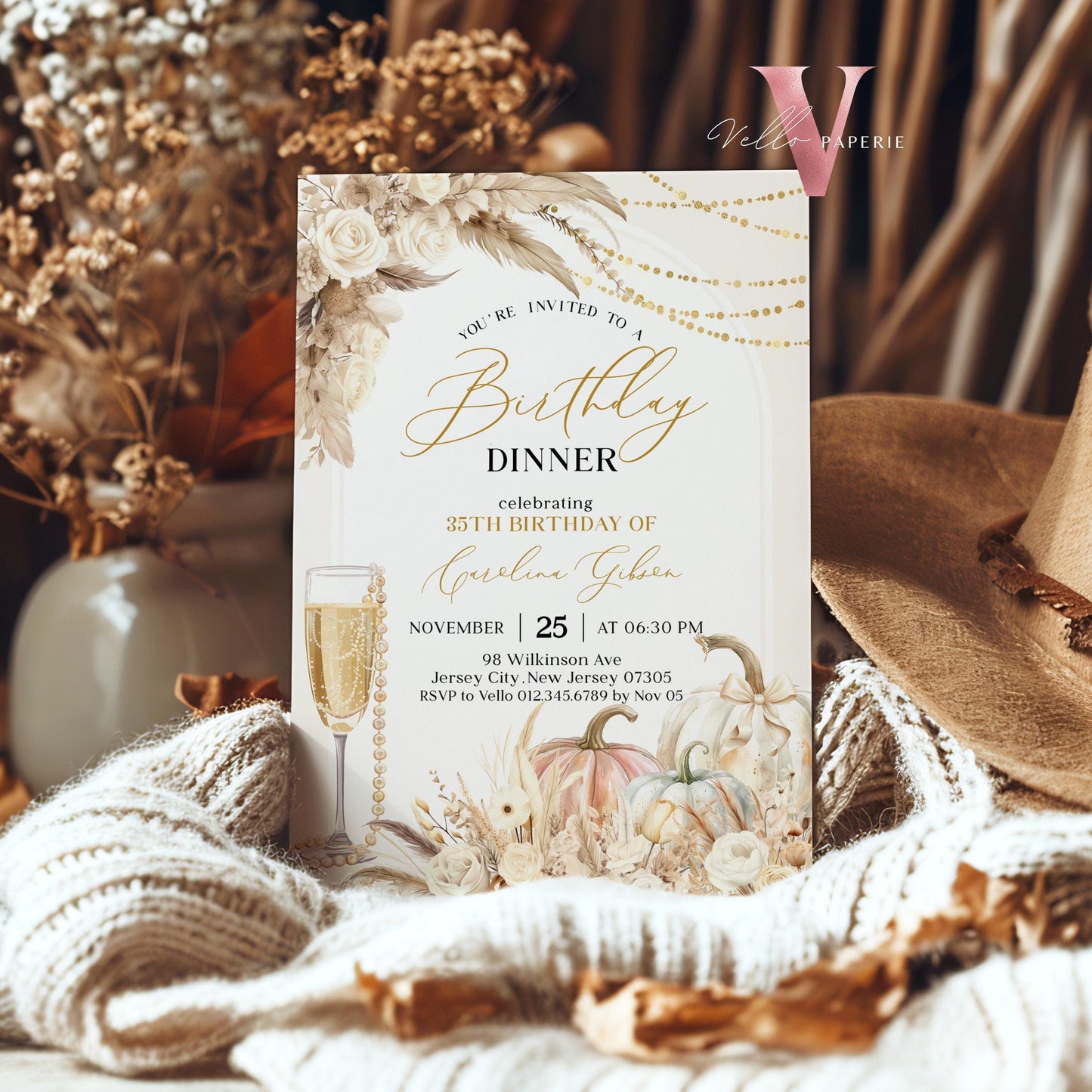BOHO Pumpkin Modern Birthday Party Invitation | Autumn Pumpkin & Prosesco Floral Birthday Invite | Fall Bohemian Beige Pampas Grass Golden