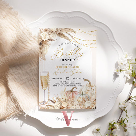 BOHO Pumpkin Modern Birthday Party Invitation | Autumn Pumpkin & Prosesco Floral Birthday Invite | Fall Bohemian Beige Pampas Grass Golden