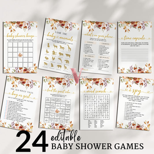 Editable Little Pumpkin Fall Baby Shower Games and Activities Bundle | Autumn Floral Pumpkin Games Set | Gold Baby Party Favors | FPB01