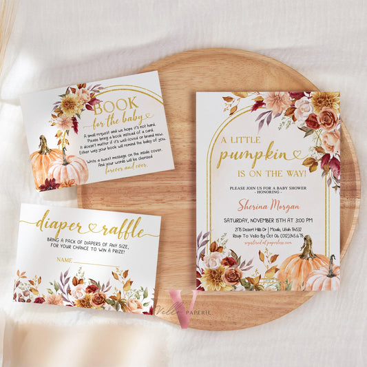 Little Pumpkin Fall Baby Shower Invitation Bundle | Autumn Floral Pumpkin Baby | Gold Baby Shower Invite, Diaper, Book, TQ, Favor Tag  FPB01