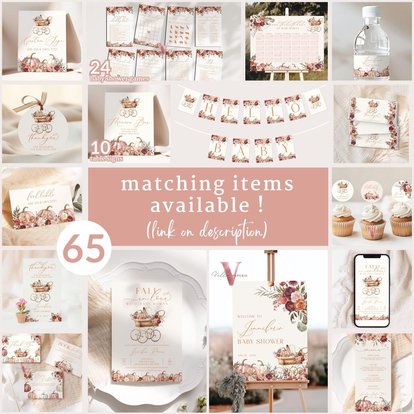 Pumpkin FALL in Love Baby Shower Due Date Calendar | Editable Autumn Floral Pumpkin Due Date | Flower Pumpkin Stroller Carriage Party, FPB02