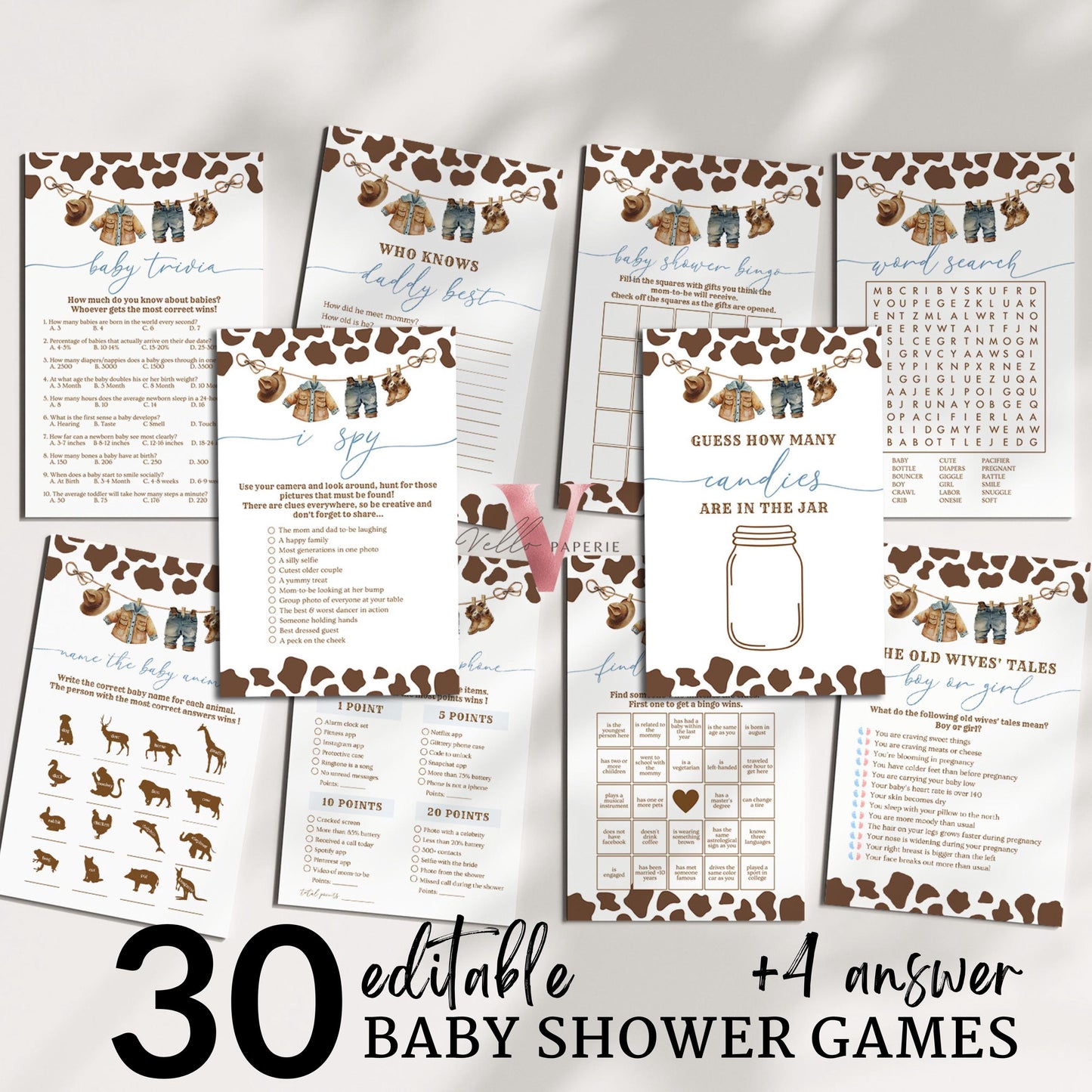 Editable Cowboy Baby Shower Games & Activities Bundle | Nashville Wild West Party Favors | Western Country Rodeo Baby Shower Games Set CBB01