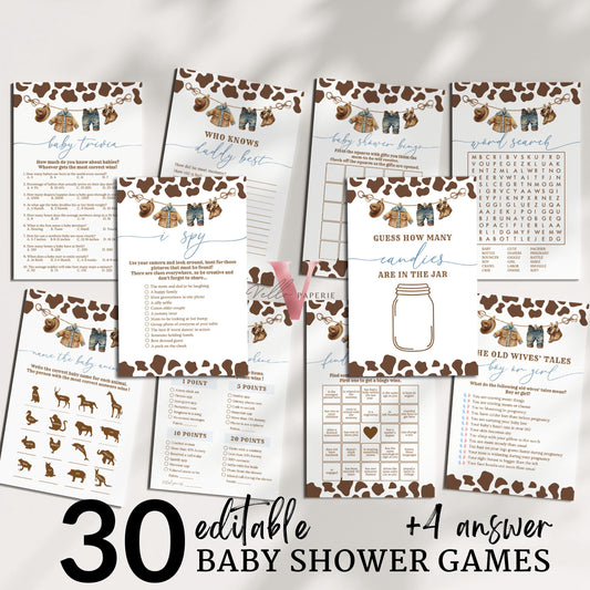 Editable Cowboy Baby Shower Games & Activities Bundle | Nashville Wild West Party Favors | Western Country Rodeo Baby Shower Games Set CBB01