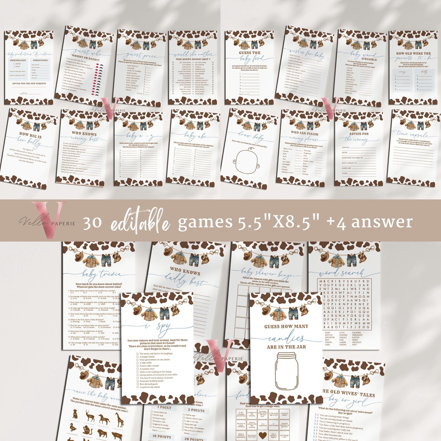 Editable Cowboy Baby Shower Games & Activities Bundle | Nashville Wild West Party Favors | Western Country Rodeo Baby Shower Games Set CBB01