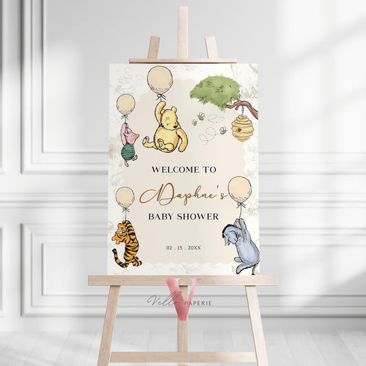 Editable Classic Winnie the Pooh Baby Shower or Birthday Welcome Sign | Printable Beige Toile de Juoy, Little Hunny Party Decor Sign WTP01