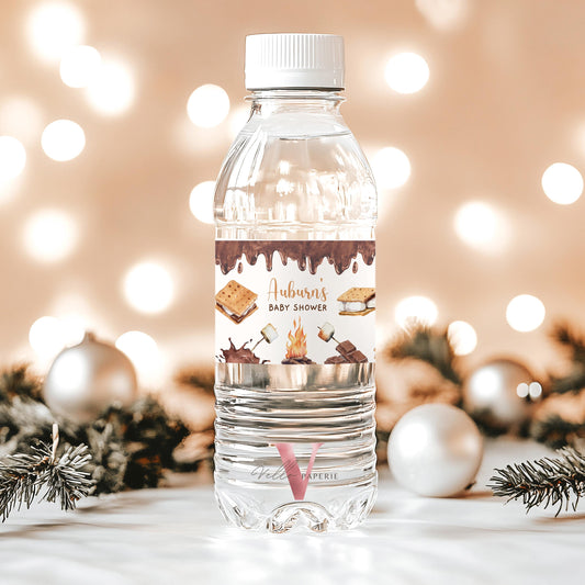 Editable S'mores Baby Shower or Birthday Water Bottle Label | Camping Bonfire, Campire Smore Fun with Baby Party Decor, Couple Shower SBS01