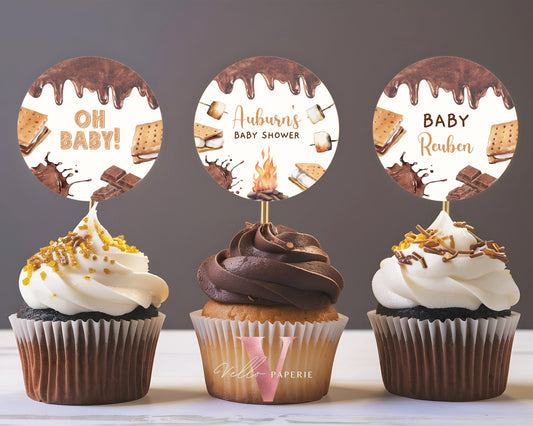 Editable S'mores Baby Shower or Birthday Cupcake Topper | Camping Bonfire, Campire Smore Fun with Baby Cake Decor Couple Shower Topper SBS01