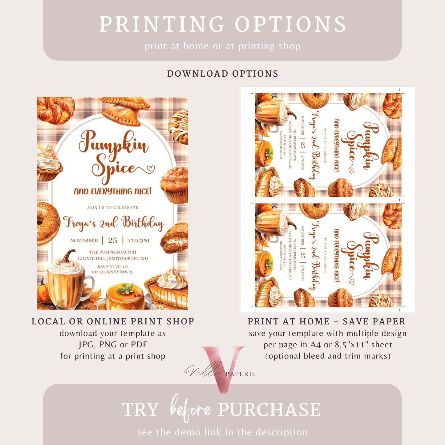 Editable Autumn Pumpkin Spice Birthday Party Invitation | FALL Pumpkin Dessert Drink Birthday Invite | Neutral Boy or Girl Kid Pumpkin Party