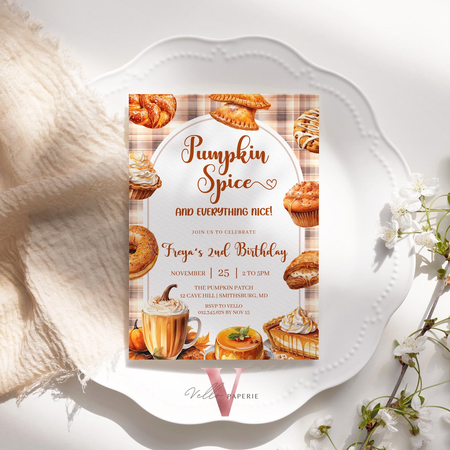 Editable Autumn Pumpkin Spice Birthday Party Invitation | FALL Pumpkin Dessert Drink Birthday Invite | Neutral Boy or Girl Kid Pumpkin Party