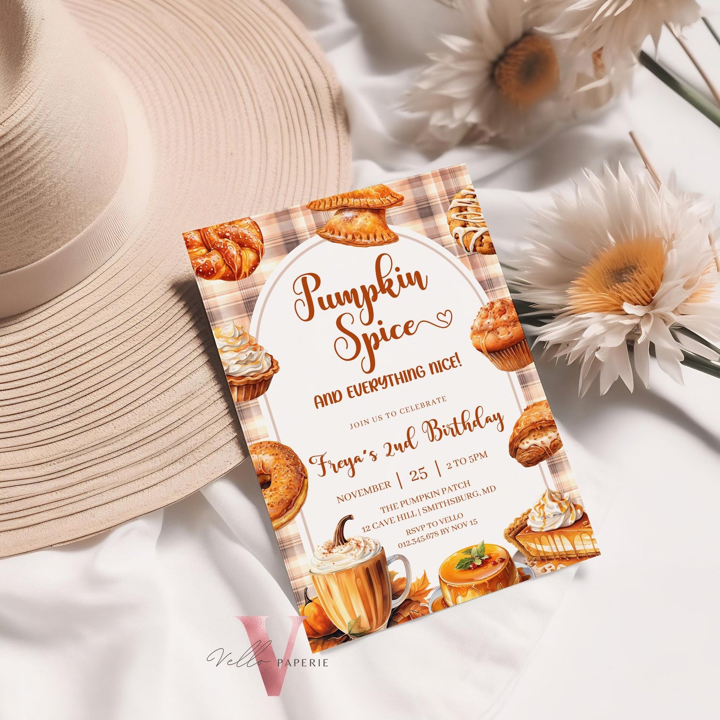 Editable Autumn Pumpkin Spice Birthday Party Invitation | FALL Pumpkin Dessert Drink Birthday Invite | Neutral Boy or Girl Kid Pumpkin Party