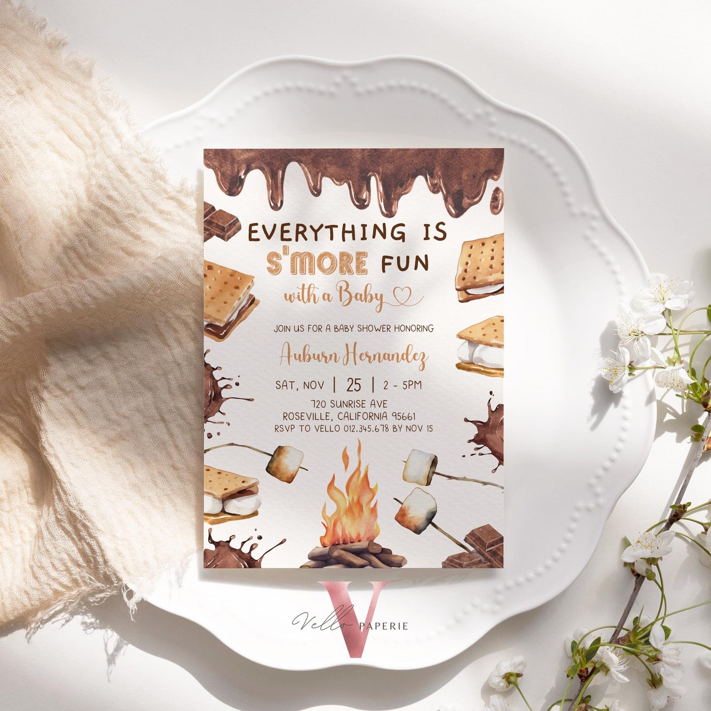Editable S'mores Baby Shower Invitation | FALL Camping Bonfire Baby Shower | Campire Smore Fun with Baby Party | Autumn Couple Shower SBS01